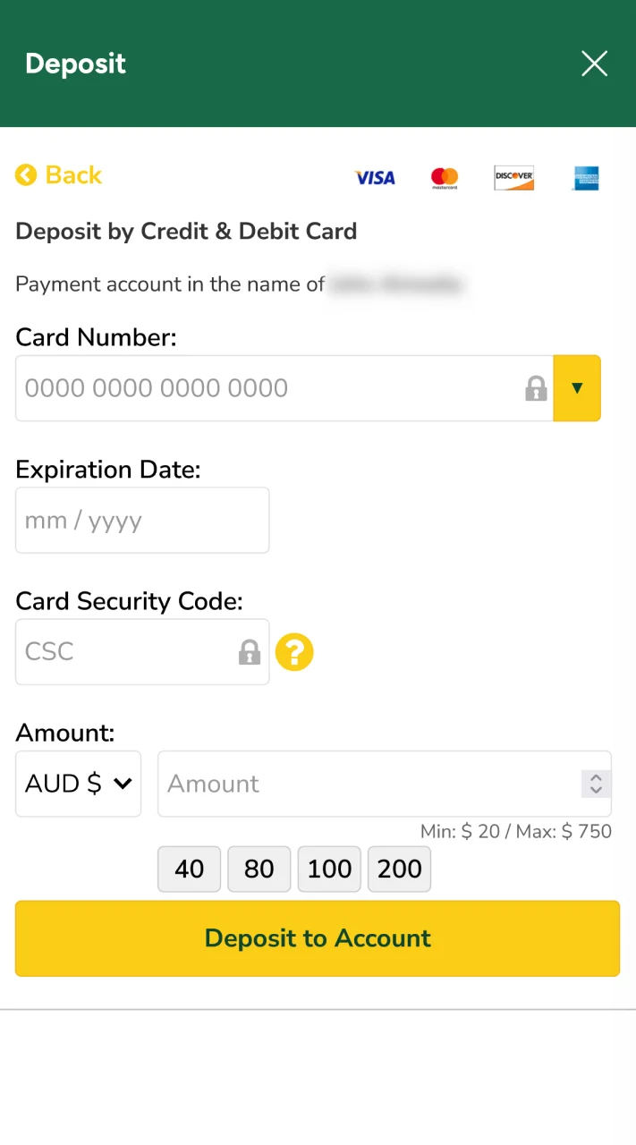Enter the necessary information to add funds to your Fair Go account.