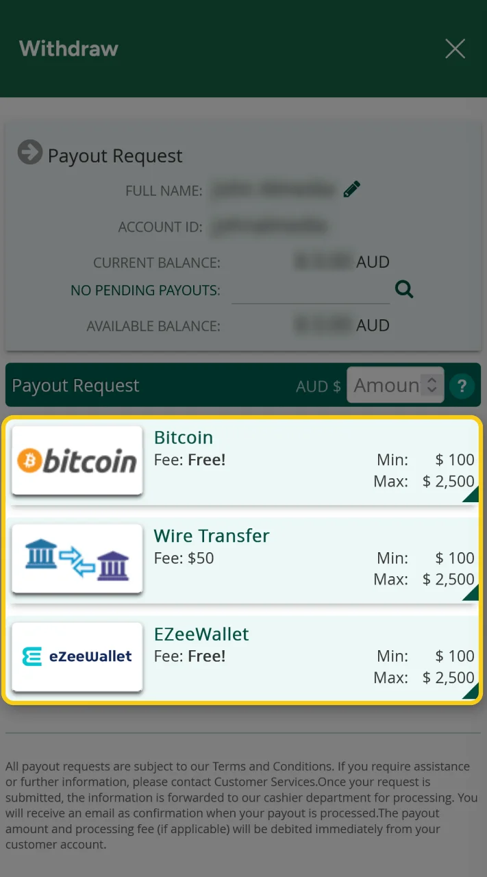 Choose your preferred method to withdraw funds from Fair Go.
