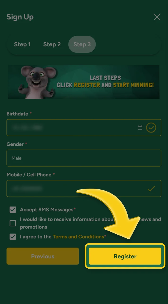 Complete your Fair Go registration process.