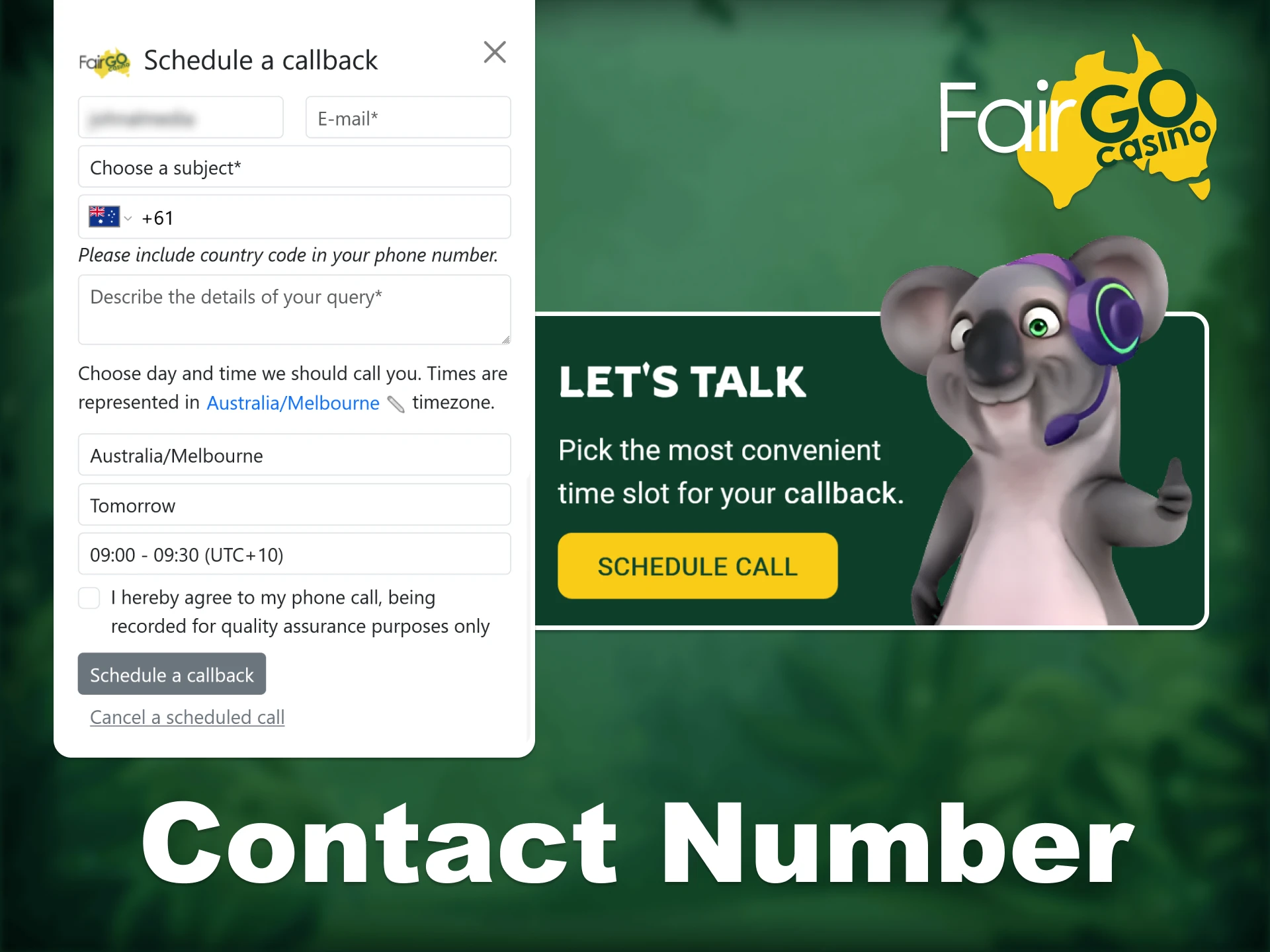 Request a callback from Fair Go customer service.