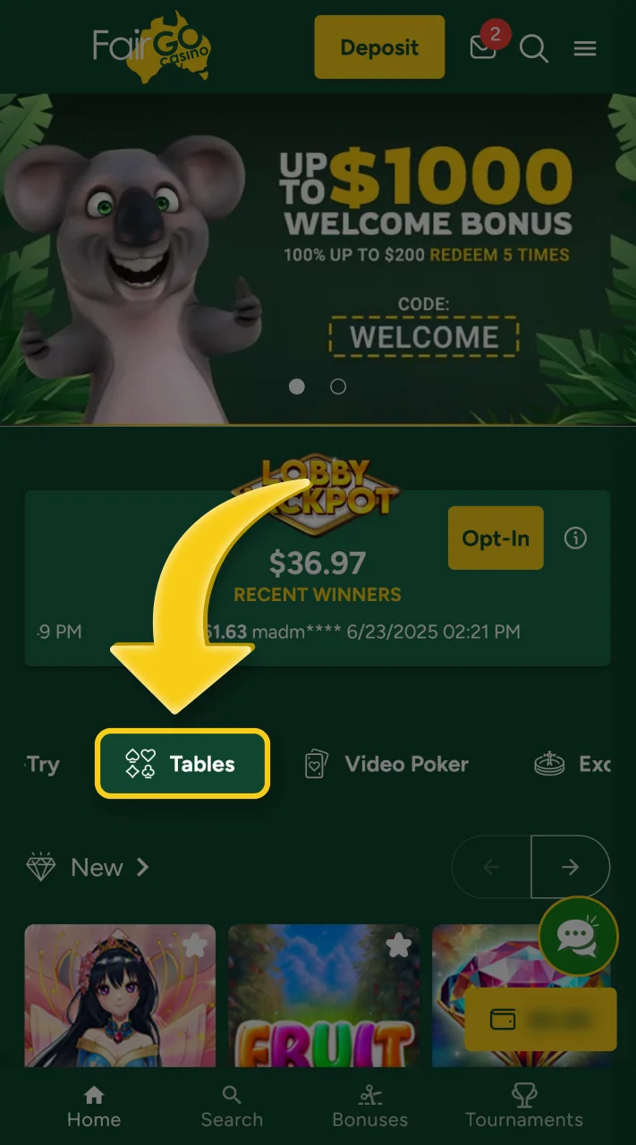 Select a table game from the available at Fair Go.